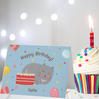 Cute Kitty Cat Blue Birthday Party Card