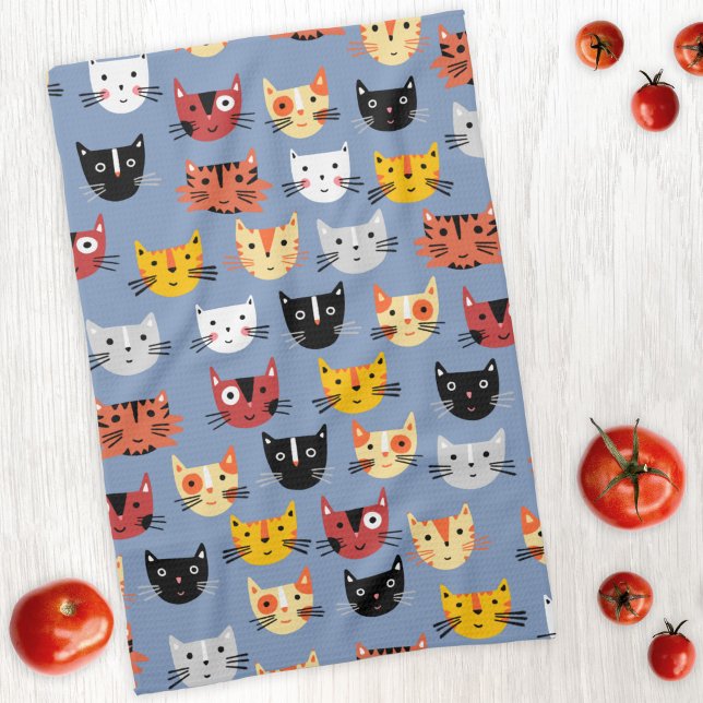 Cute Kitty Cat Blue Tea Towel (Cute kitty cat kitchen towel)