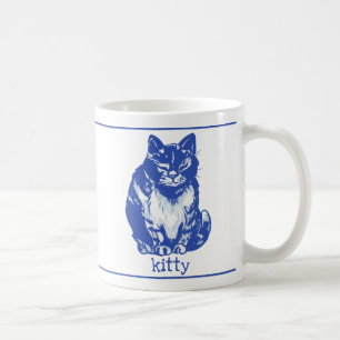 Cute Kitty Cat Blue White Farmhouse Rustic Coffee Mug