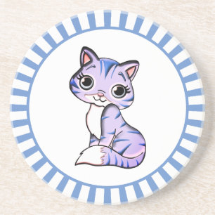 Cute kitty cat cartoon & blue rays coaster