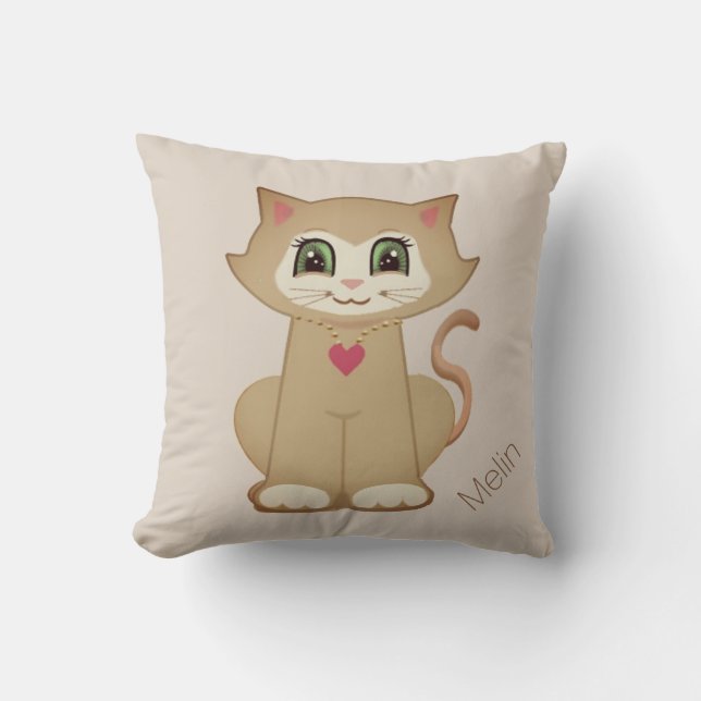 Cute Kitty Cat Cartoon on Beige Cushion (Front)
