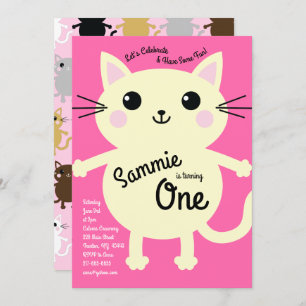 Cute Kitty Cat Colourful 1st Birthday Invitations