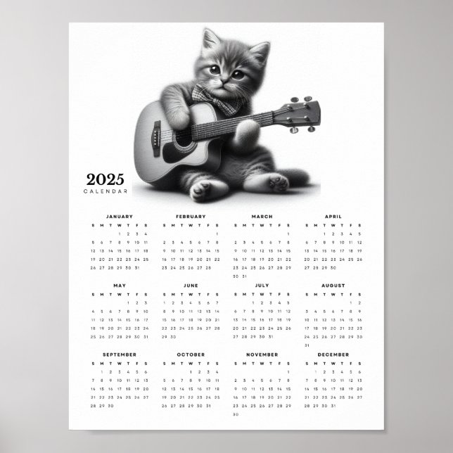 Cute Kitty Cat Guitarist in Bow Tie 2025 Calendar Poster (Front)