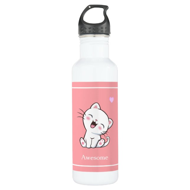 Cute Kitty Cat & Heart on Pink 710 Ml Water Bottle (Front)