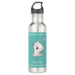 Cute Kitty Cat & Heart on Teal 710 Ml Water Bottle