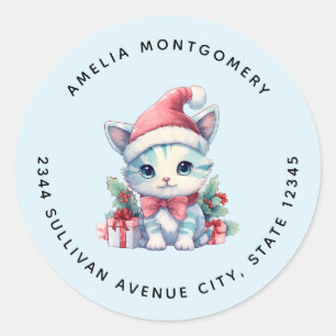 Cute Kitty Cat in a Santa Hat Christmas Address Classic Round Sticker