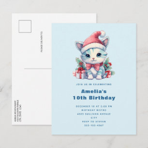 Cute Kitty Cat in a Santa Hat Christmas Birthday Invitation Postcard