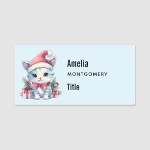 Cute Kitty Cat in a Santa Hat Christmas Business Name Tag