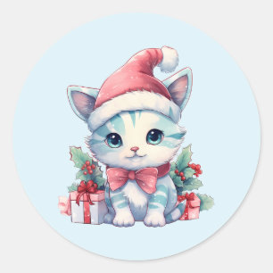 Cute Kitty Cat in a Santa Hat Christmas Classic Round Sticker