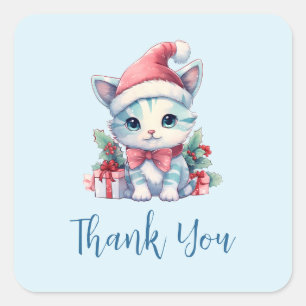 Cute Kitty Cat in a Santa Hat Christmas Thank You Square Sticker