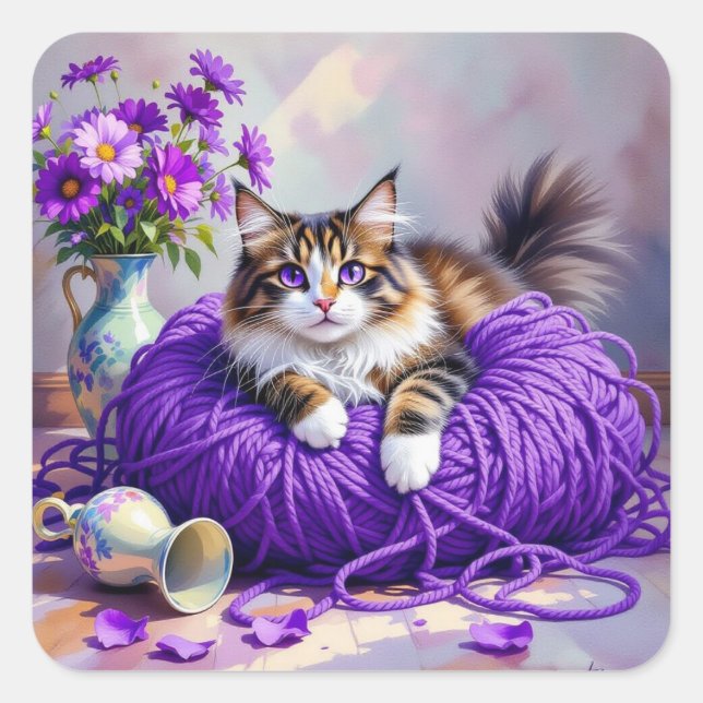 Cute Kitty Cat in Ball of Purple Yarn Square Sticker (Front)