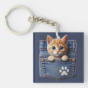 Cute Kitty Cat in Denim Pocket Key Ring