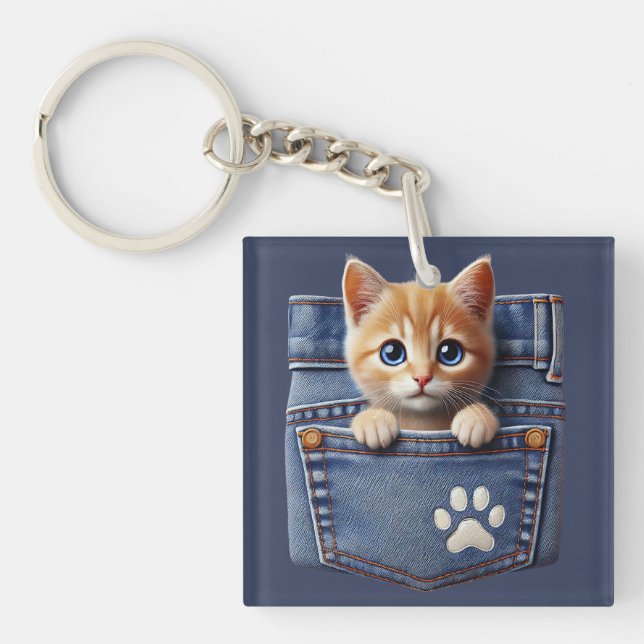 Cute Kitty Cat in Denim Pocket  Key Ring (Front)