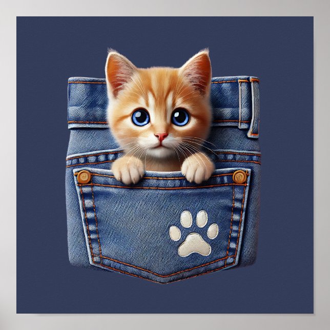 Cute Kitty Cat in Denim Pocket  Poster (Front)