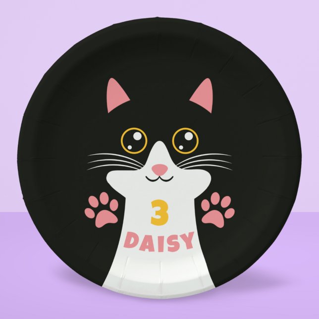 Cute Kitty Cat Kid's Birthday Party Paper Plate (Cute kitty cat birthday sticker for kid's bday party oversize cat face with custom name and age)