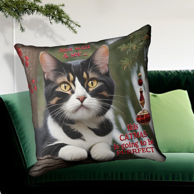 Cute Kitty Cat Lover Christmas Pillow (A whimsical Christmas pillow with a cute kitty in a tree with ornament and red berries)