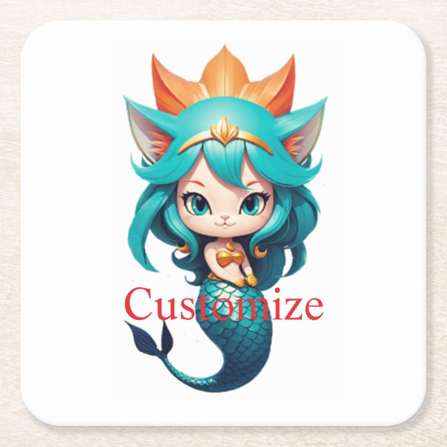 Cute Kitty Cat Mermaid Thunder_Cove Square Paper Coaster (Front)