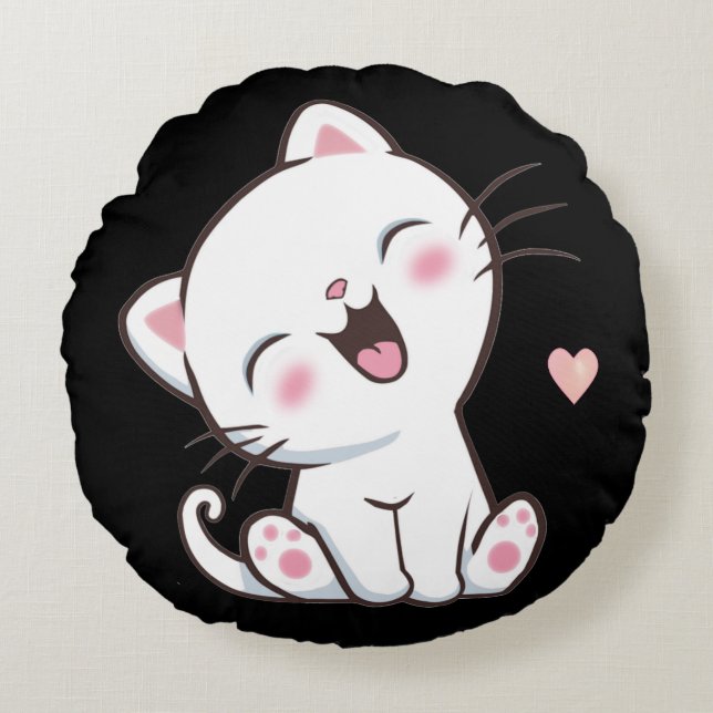 Cute Kitty Cat on Black Round Cushion (Front)