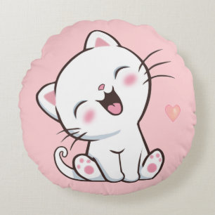 Cute Kitty Cat on Light Pink Round Cushion