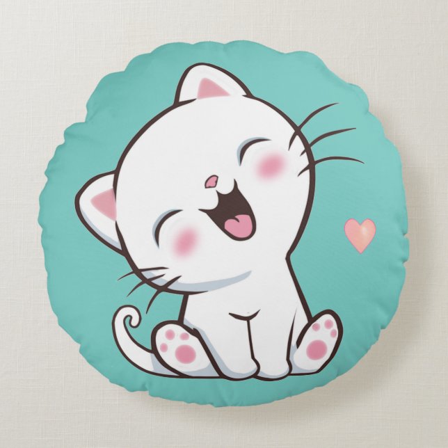Cute Kitty Cat on Light Teal Round Cushion (Front)