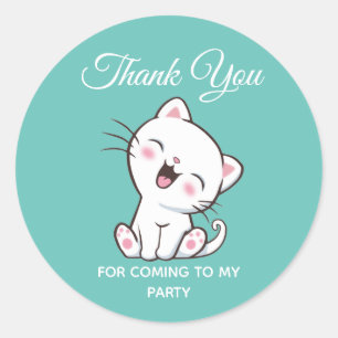 Cute Kitty Cat on Teal Thank You Classic Round Sticker