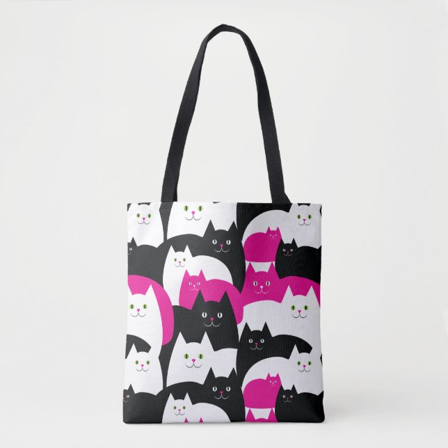 Cute Kitty Cat Pattern Pink and Black Tote Bag (Front)
