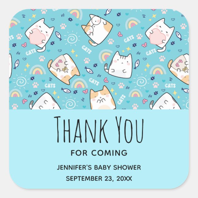 Cute Kitty Cat Pattern Whimsical Baby Shower Square Sticker (Front)