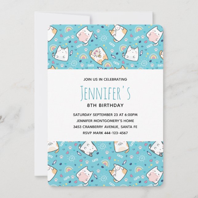 Cute Kitty Cat Pattern Whimsical Birthday Invitation (Front)