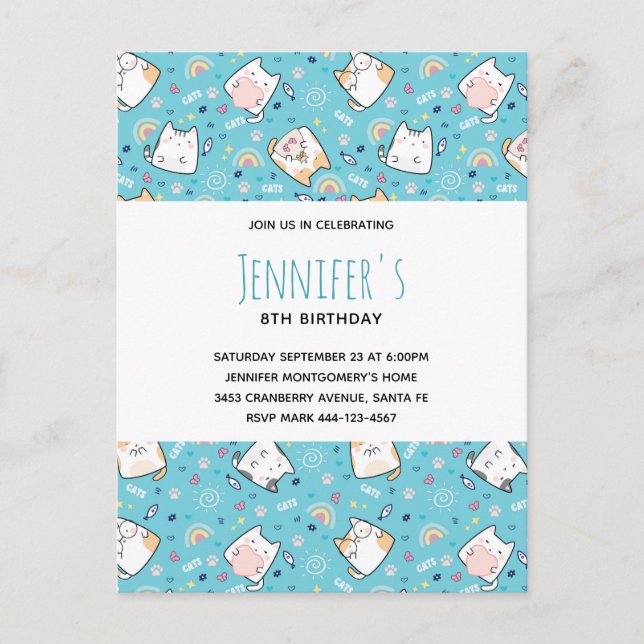Cute Kitty Cat Pattern Whimsical Birthday Invitation Postcard (Front)