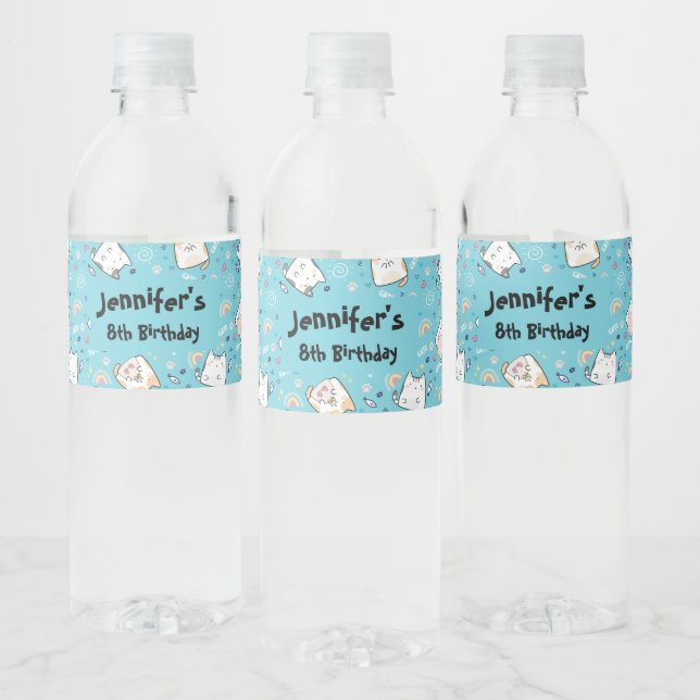 Cute Kitty Cat Pattern Whimsical Birthday Water Bottle Label (Bottles)