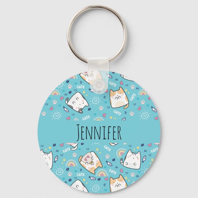 Cute Kitty Cat Pattern Whimsical Key Ring (Front)