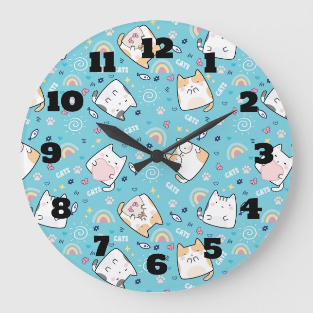 Cute Kitty Cat Pattern Whimsical Large Clock (Front)