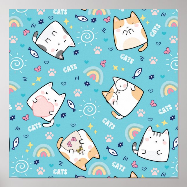 Cute Kitty Cat Pattern Whimsical Poster (Front)