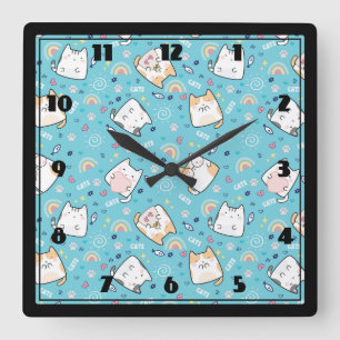 Cute Kitty Cat Pattern Whimsical Square Wall Clock