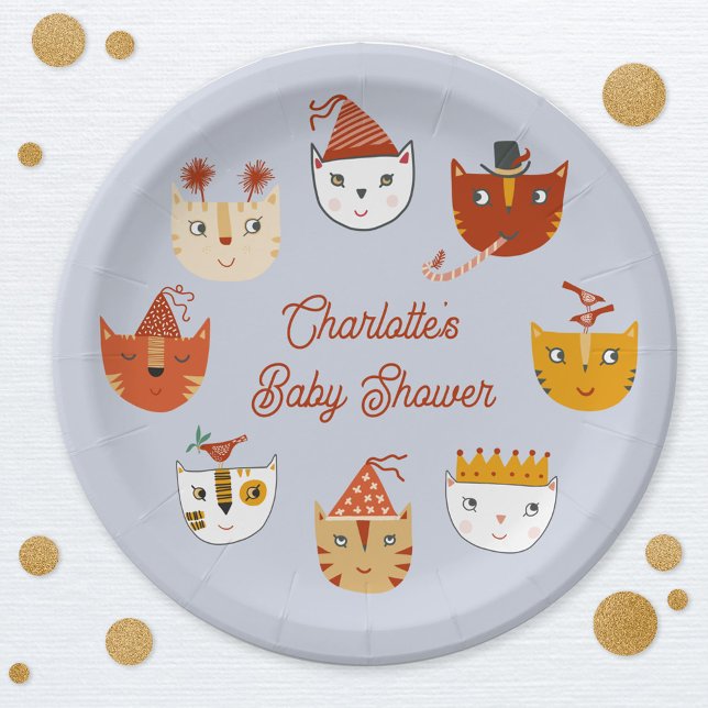 Cute Kitty Cat Personalised Baby Shower Paper Plate (Personalized cute kitty cat themed baby shower paper plate)