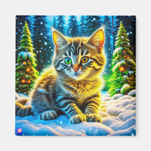 Cute Kitty Cat Playing Outside on Christmas Eve Magnet
