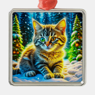 Cute Kitty Cat Playing Outside on Christmas Eve Metal Ornament