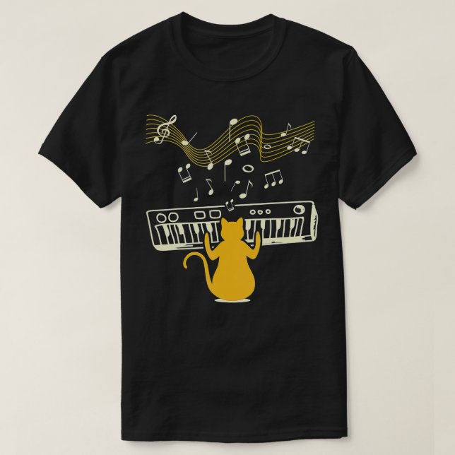 Cute Kitty Cat Playing Piano Instrument with Music T-Shirt (Design Front)