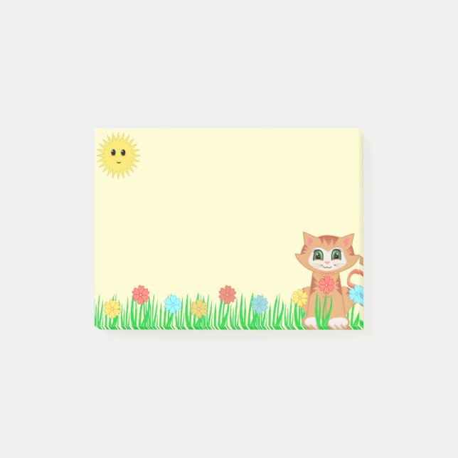 Cute Kitty Cat, Sun, Flowers & Grass Post-it Notes (Front)