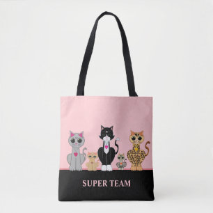 Cute Kitty Cat Team & Calligraphy on Black & Pink Tote Bag
