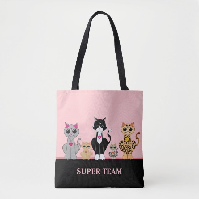 Cute Kitty Cat Team & Calligraphy on Black & Pink Tote Bag (Front)
