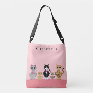 Cute Kitty Cat Team & Calligraphy on Coral & Pink Crossbody Bag