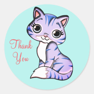 Cute kitty cat Thank You on light blue Classic Round Sticker