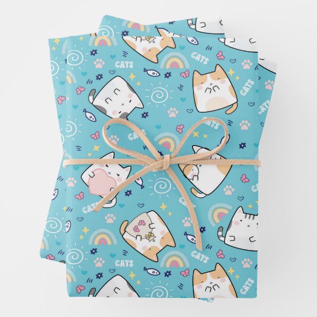 Cute Kitty Cat Whimsical Pattern Wrapping Paper Sheet (In situ)