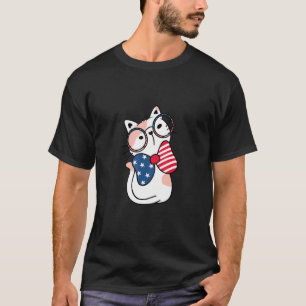 Cute Kitty Cat With Glasses Red White & Blue Bow T-Shirt