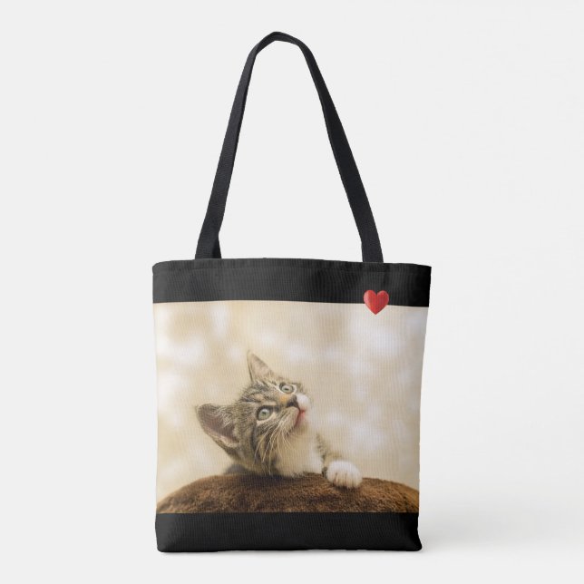 Cute Kitty Cat with Heart on Black Tote Bag (Back)