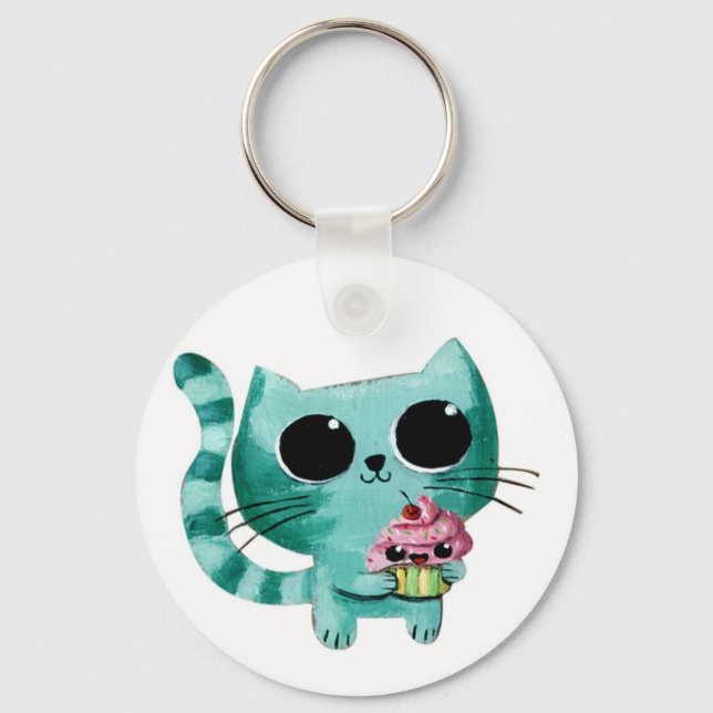 Cute Kitty Cat with Kawaii Cupcake Key Ring (Front)