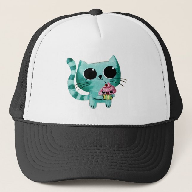 Cute Kitty Cat with Kawaii Cupcake Trucker Hat (Front)