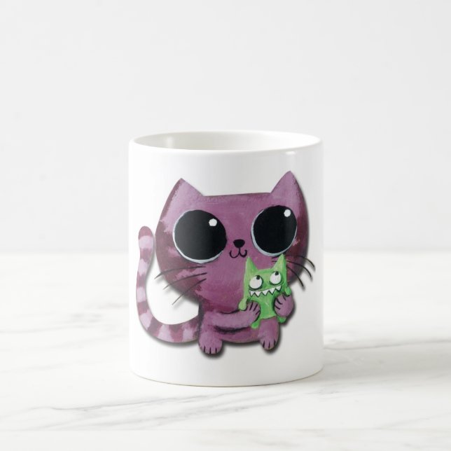 Cute Kitty Cat with Little Green Monster Coffee Mug (Center)