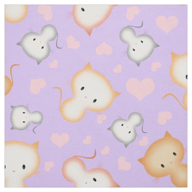 Cute Kitty Cats and Hearts Pattern Fabric (Swatch)